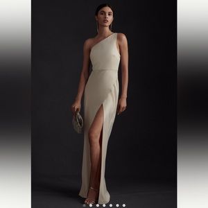BHLDN Dylan One-Shoulder Satin Side-Slit Gown